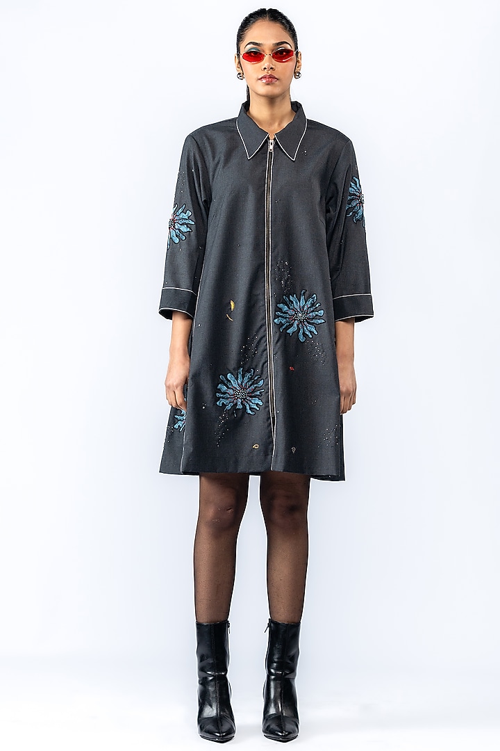 Grey Melange Hand Applique Embroidered Flared Mini Vacation Dress by ANGSA BY NIDHIR & SHELLY at Pernia's Pop Up Shop