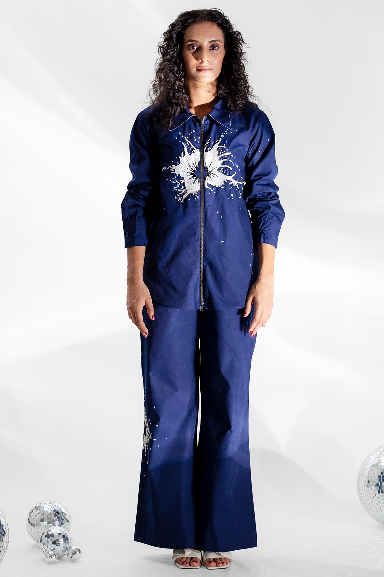 ANGSA BY NIDHIR & SHELLY Navy Blue Cotton Sequins Floral Hand Embroidered Co-Ord Set