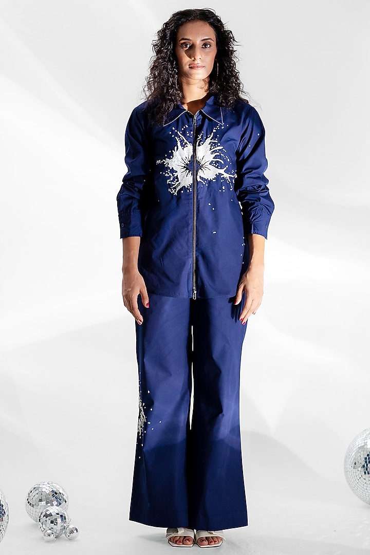 Navy Blue Cotton Sequins Floral Hand Embroidered Co-Ord Set by ANGSA BY NIDHIR & SHELLY at Pernia's Pop Up Shop