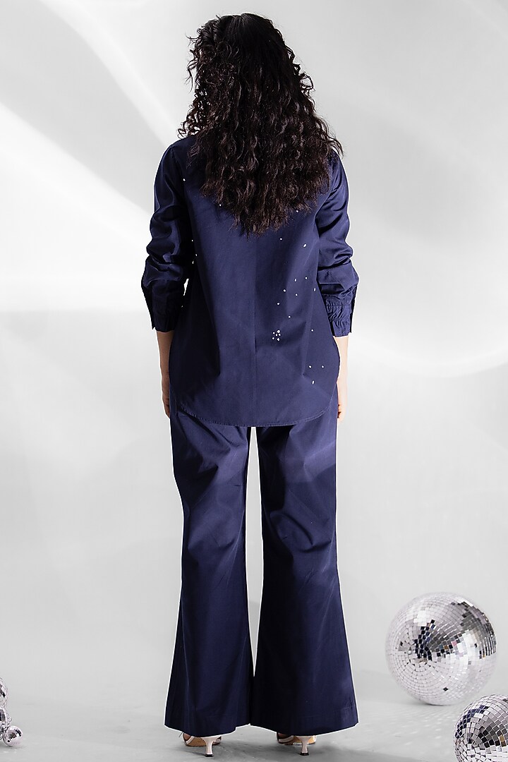 Navy Blue Cotton Sequins Floral Hand Embroidered Co-Ord Set by ANGSA BY NIDHIR & SHELLY at Pernia's Pop Up Shop