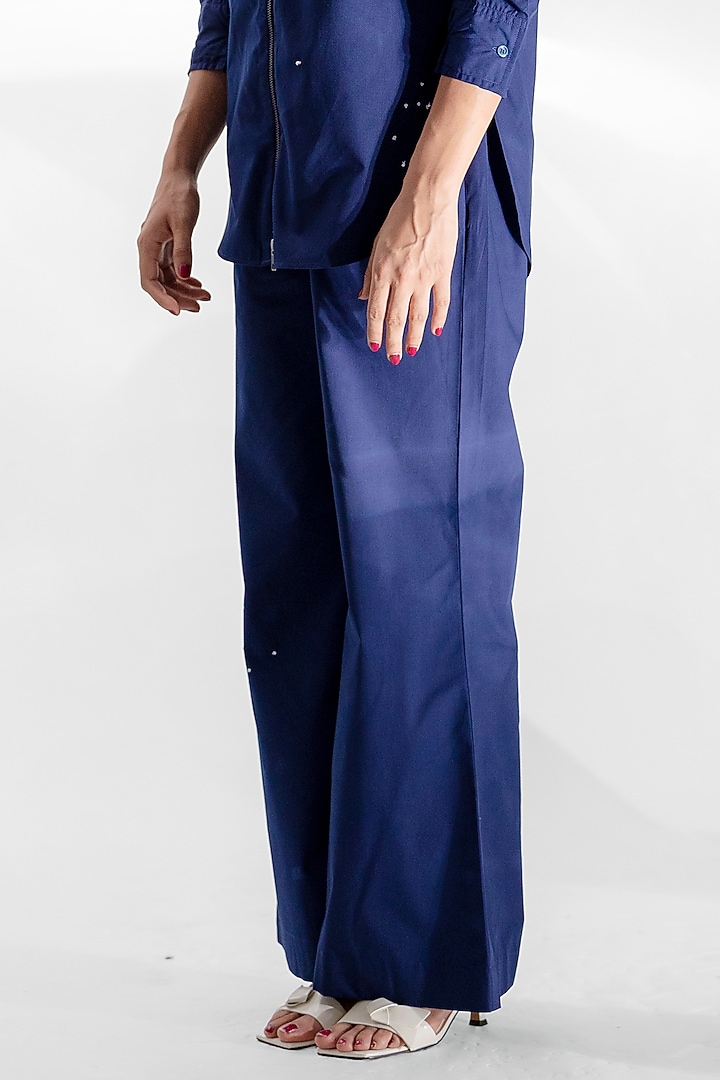 Navy Blue Cotton Sequins Floral Hand Embroidered Co-Ord Set by ANGSA BY NIDHIR & SHELLY at Pernia's Pop Up Shop