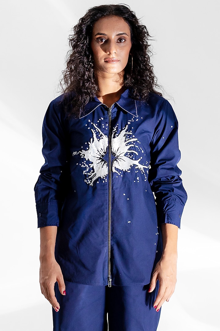 Navy Blue Cotton Sequins Floral Hand Embroidered Co-Ord Set by ANGSA BY NIDHIR & SHELLY at Pernia's Pop Up Shop