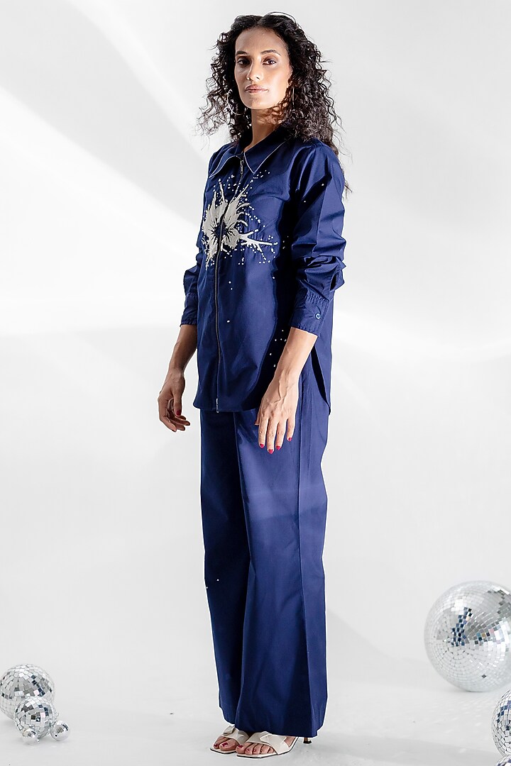 Navy Blue Cotton Sequins Floral Hand Embroidered Co-Ord Set by ANGSA BY NIDHIR & SHELLY at Pernia's Pop Up Shop