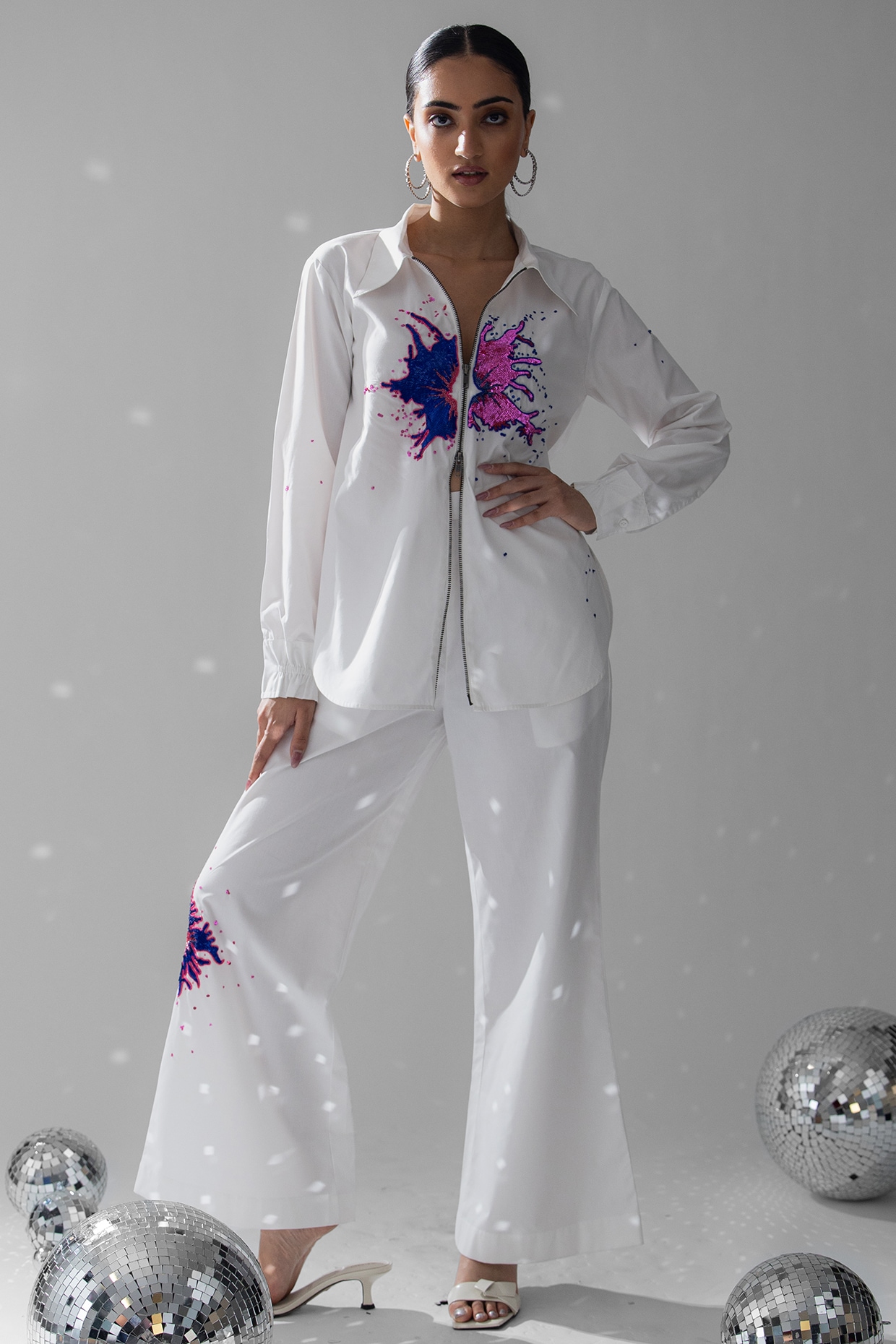 ANGSA BY NIDHIR & SHELLY White Cotton Sequins Floral Hand Embroidered Co-Ord Set