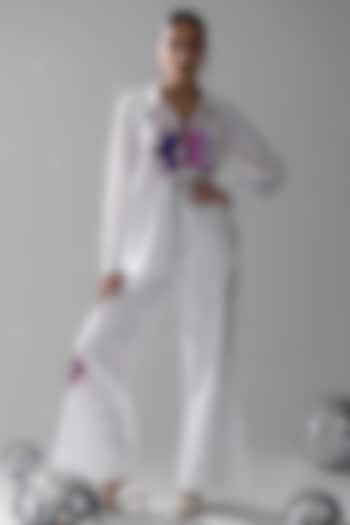 White Cotton Sequins Floral Hand Embroidered Co-Ord Set by ANGSA BY NIDHIR & SHELLY at Pernia's Pop Up Shop