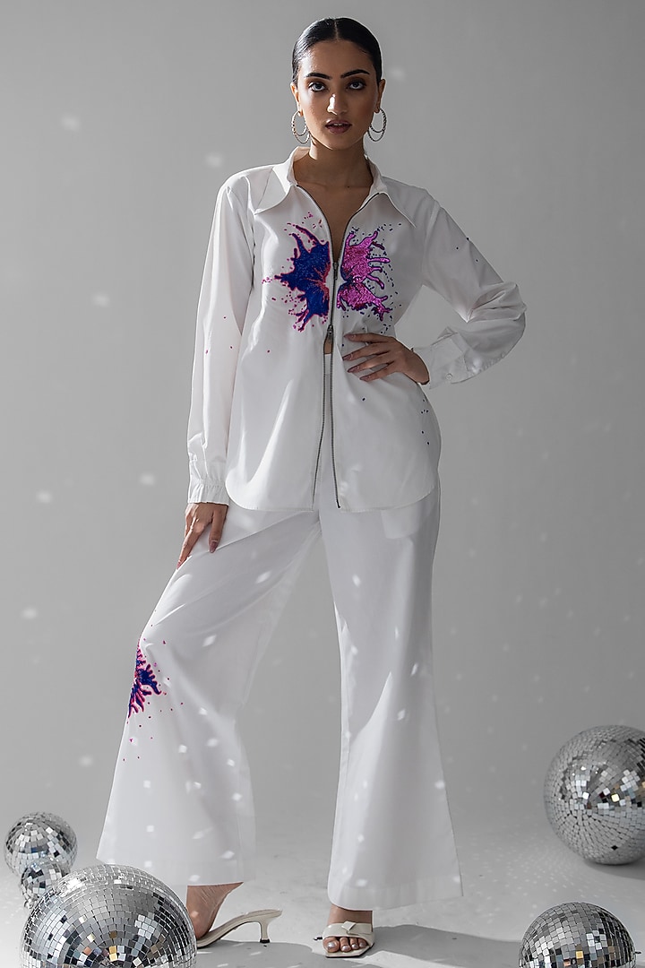White Cotton Sequins Floral Hand Embroidered Co-Ord Set by ANGSA BY NIDHIR & SHELLY at Pernia's Pop Up Shop