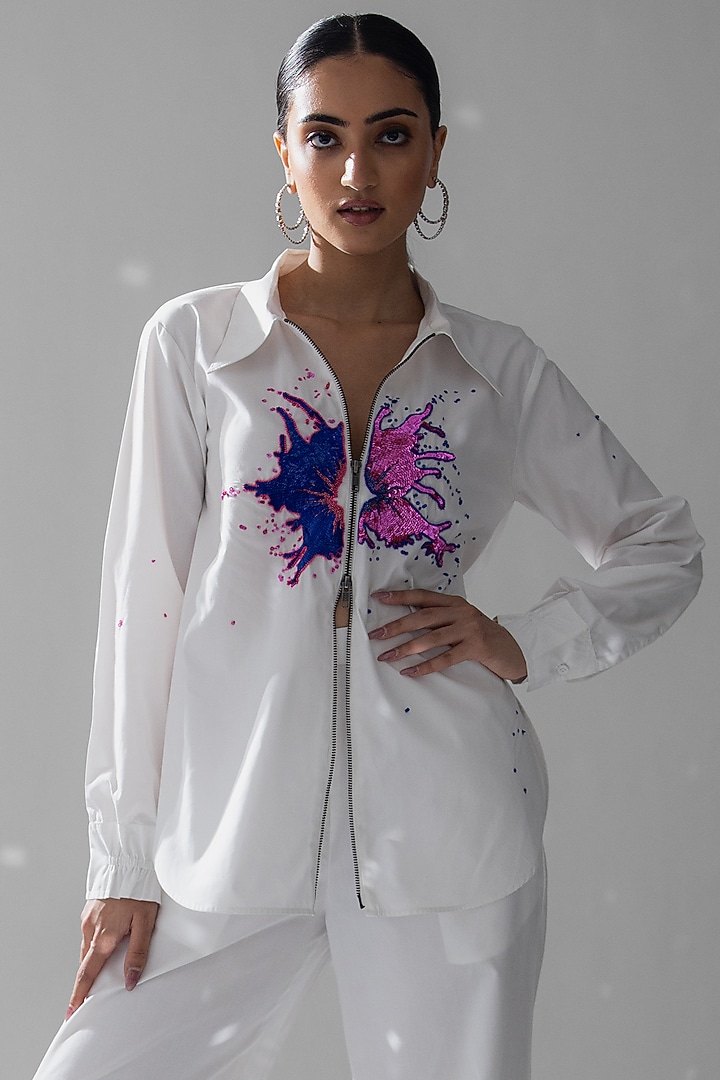 White Cotton Sequins Floral Hand Embroidered Co-Ord Set by ANGSA BY NIDHIR & SHELLY at Pernia's Pop Up Shop