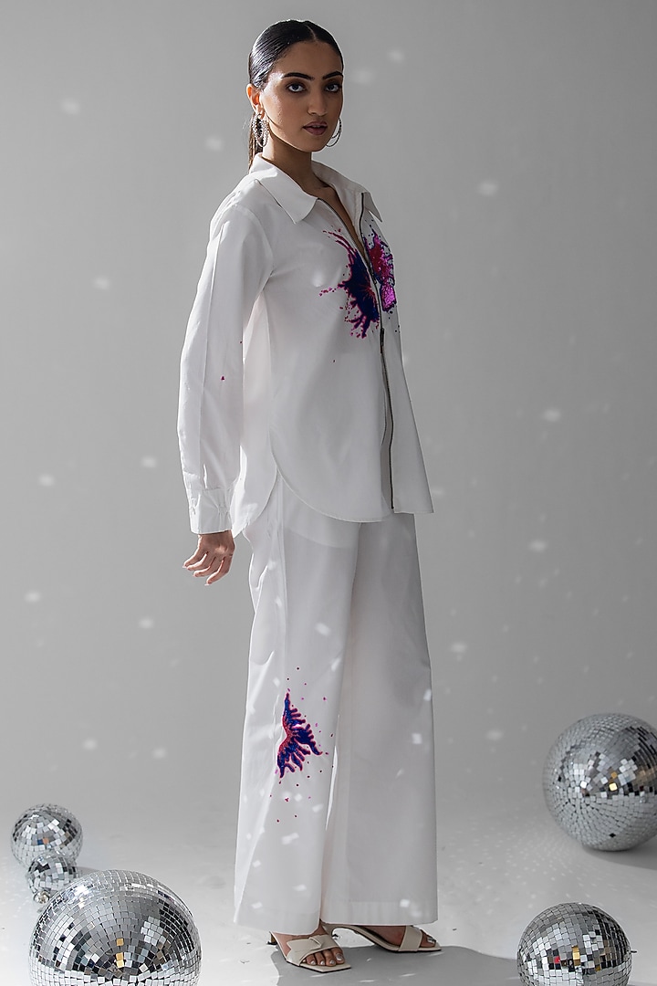 White Cotton Sequins Floral Hand Embroidered Co-Ord Set by ANGSA BY NIDHIR & SHELLY at Pernia's Pop Up Shop