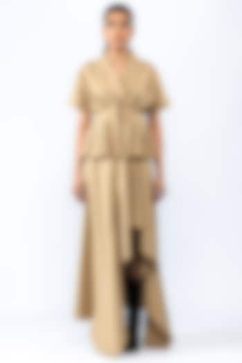 Beige Gabardine Asymmetrical Skirt Set by ANGSA BY NIDHIR & SHELLY at Pernia's Pop Up Shop