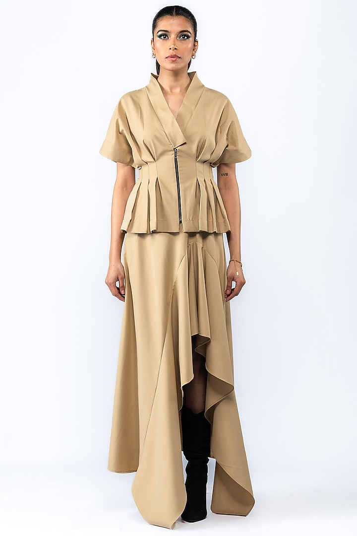 Beige Gabardine Asymmetrical Skirt Set by ANGSA BY NIDHIR & SHELLY at Pernia's Pop Up Shop