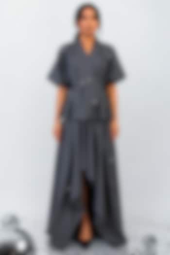 Grey Melange Hand Floral Embroidered Asymmetrical Skirt Set by ANGSA BY NIDHIR & SHELLY at Pernia's Pop Up Shop