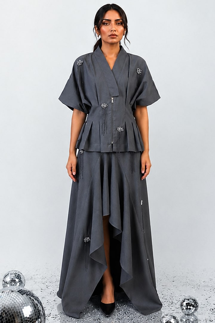 Grey Melange Hand Floral Embroidered Asymmetrical Skirt Set by ANGSA BY NIDHIR & SHELLY at Pernia's Pop Up Shop