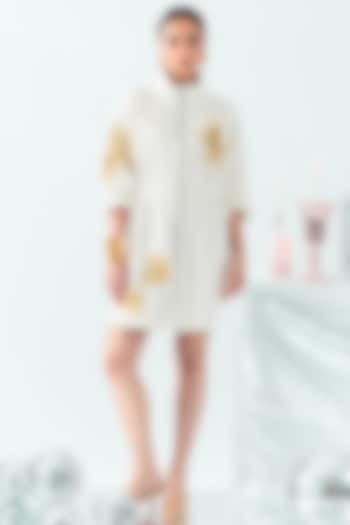 Ivory Banana Crepe Floral Hand Embroidered Mini Vacation Dress by ANGSA BY NIDHIR & SHELLY at Pernia's Pop Up Shop