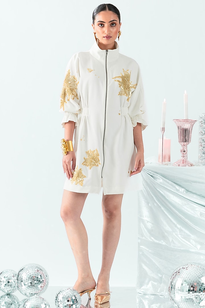 Ivory Banana Crepe Floral Hand Embroidered Mini Vacation Dress by ANGSA BY NIDHIR & SHELLY at Pernia's Pop Up Shop