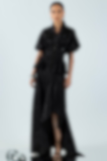 Black Rayon & Satin Sequin Embellished Skirt Set by ANGSA BY NIDHIR & SHELLY at Pernia's Pop Up Shop