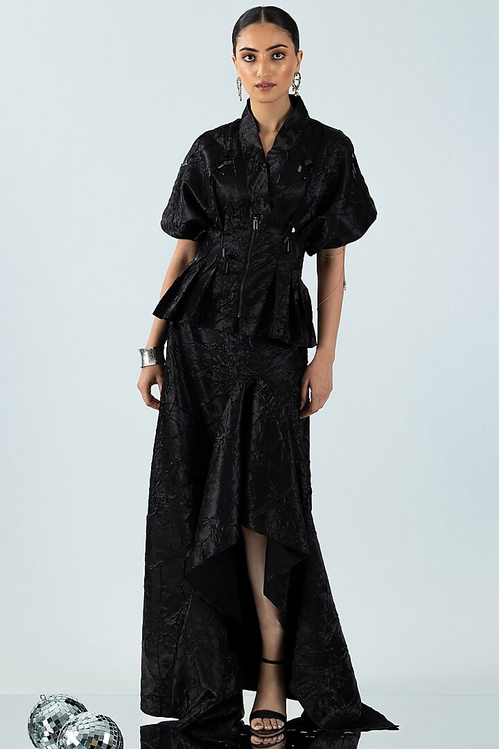 Black Rayon & Satin Sequin Embellished Skirt Set by ANGSA BY NIDHIR & SHELLY at Pernia's Pop Up Shop