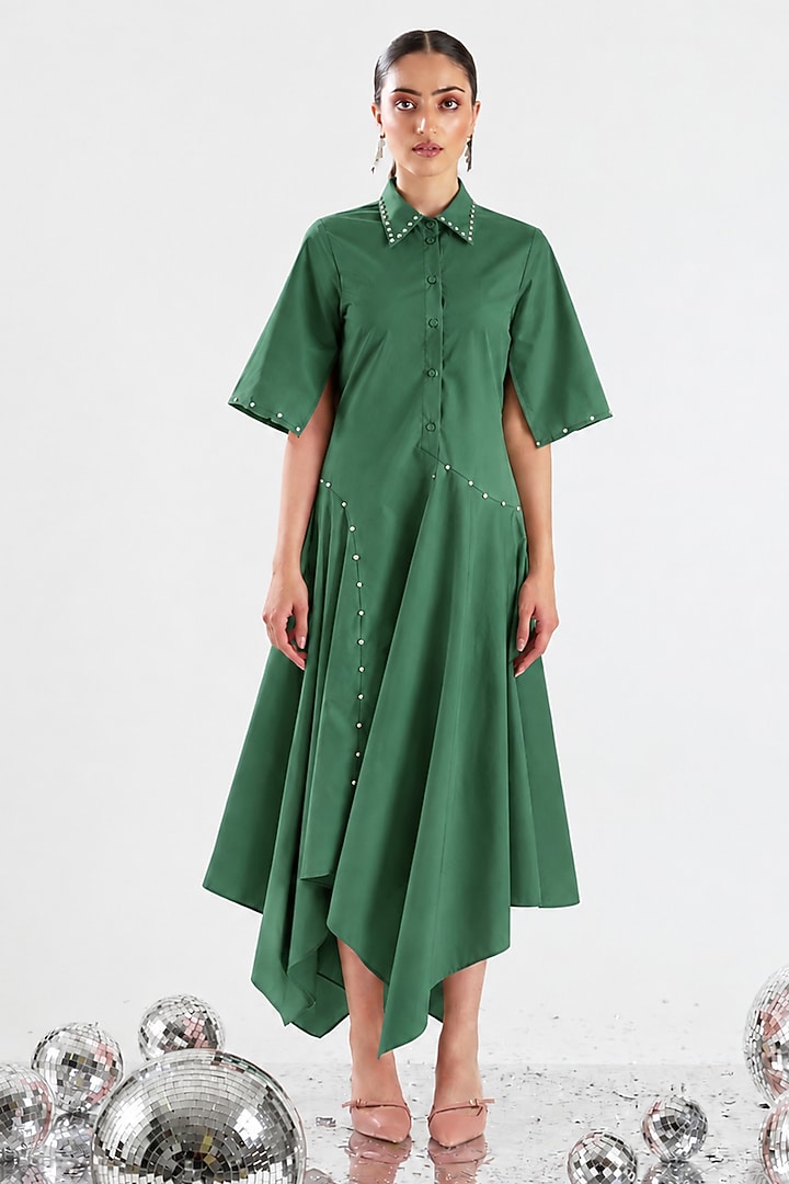 Green Cotton Hand Embroidered Asymmetrical Midi Summer Dress by ANGSA BY NIDHIR & SHELLY at Pernia's Pop Up Shop