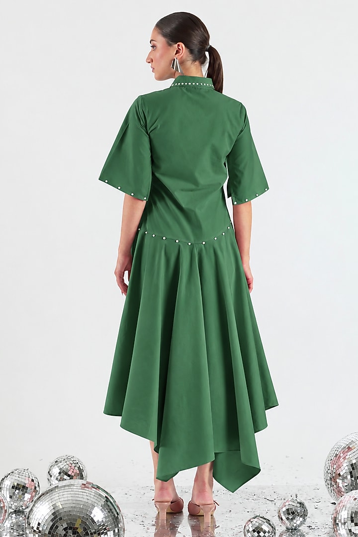 Green Cotton Hand Embroidered Asymmetrical Midi Summer Dress by ANGSA BY NIDHIR & SHELLY at Pernia's Pop Up Shop
