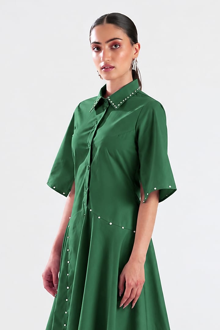 Green Cotton Hand Embroidered Asymmetrical Midi Summer Dress by ANGSA BY NIDHIR & SHELLY at Pernia's Pop Up Shop