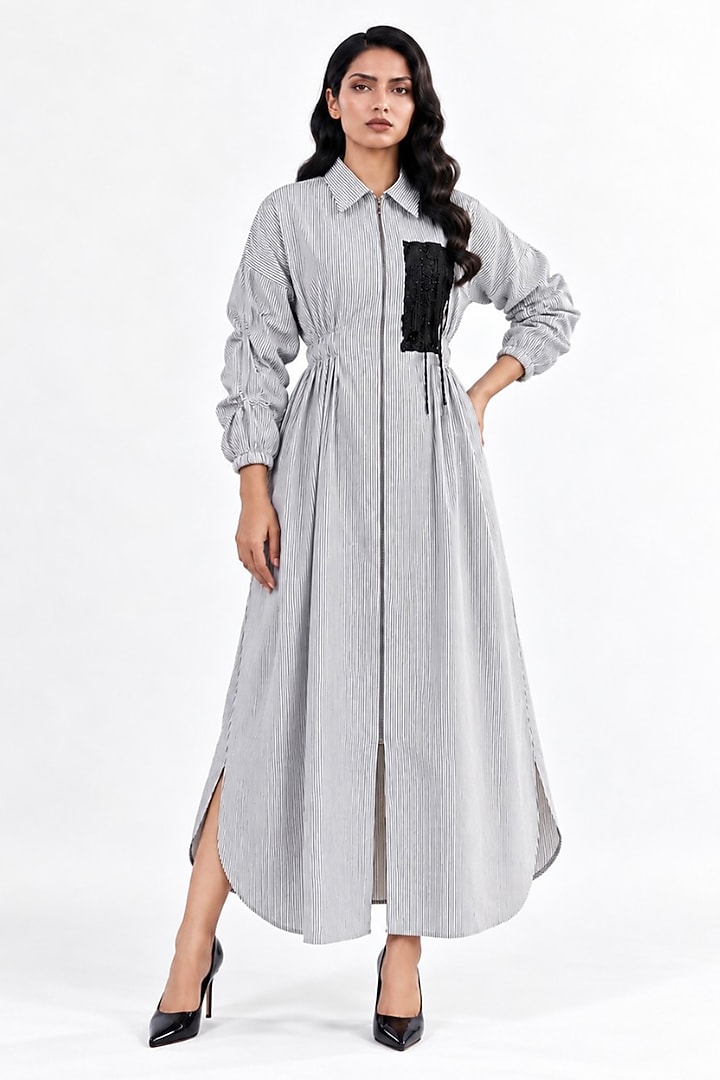 White Cotton Hand Embroidered Long Vacation Dress by ANGSA BY NIDHIR & SHELLY at Pernia's Pop Up Shop
