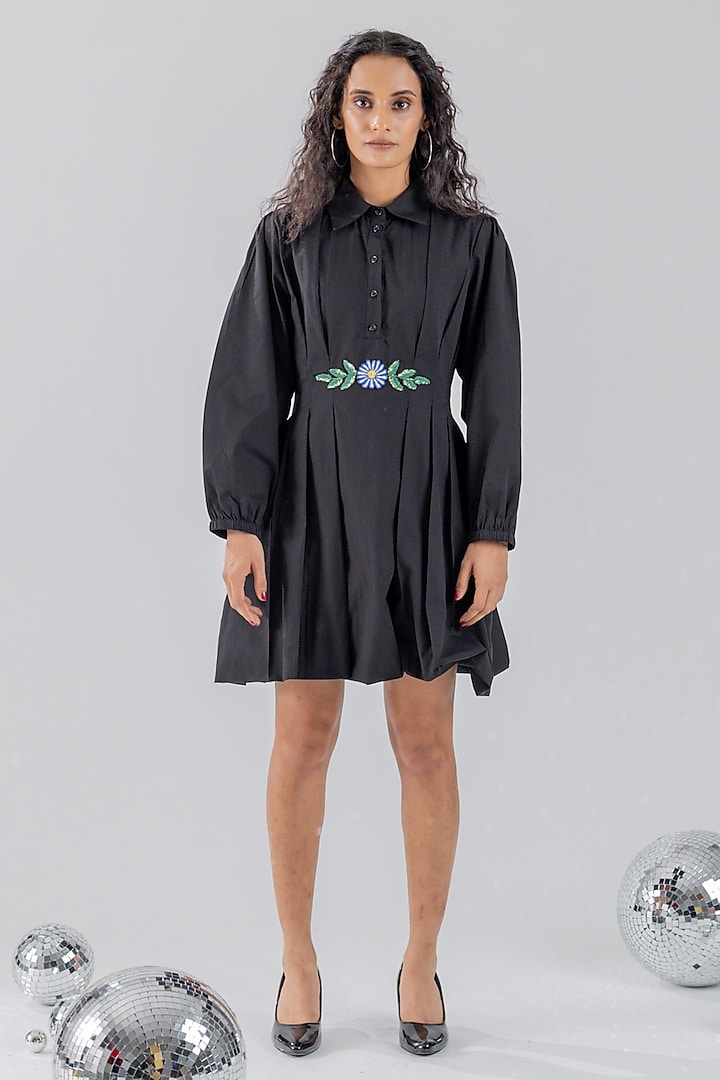 Black Taffeta Floral Hand Embroidered Balloon Summer Dress by ANGSA BY NIDHIR & SHELLY at Pernia's Pop Up Shop