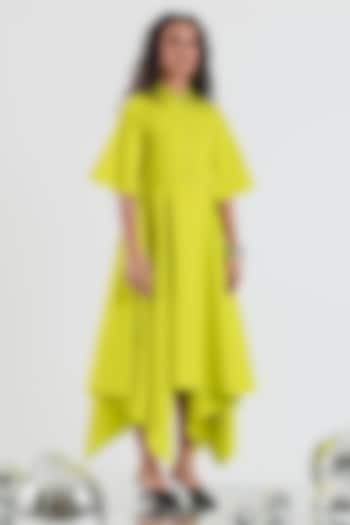 Lime Green Cotton Stone Embroidered Asymmetrical Midi Summer Dress by ANGSA BY NIDHIR & SHELLY at Pernia's Pop Up Shop