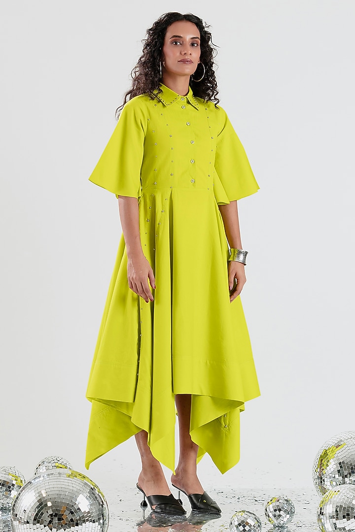 Lime Green Cotton Stone Embroidered Asymmetrical Midi Summer Dress by ANGSA BY NIDHIR & SHELLY at Pernia's Pop Up Shop