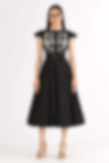 Black Cotton Hand Embroidered Midi Balloon Vacation Dress by ANGSA BY NIDHIR & SHELLY at Pernia's Pop Up Shop