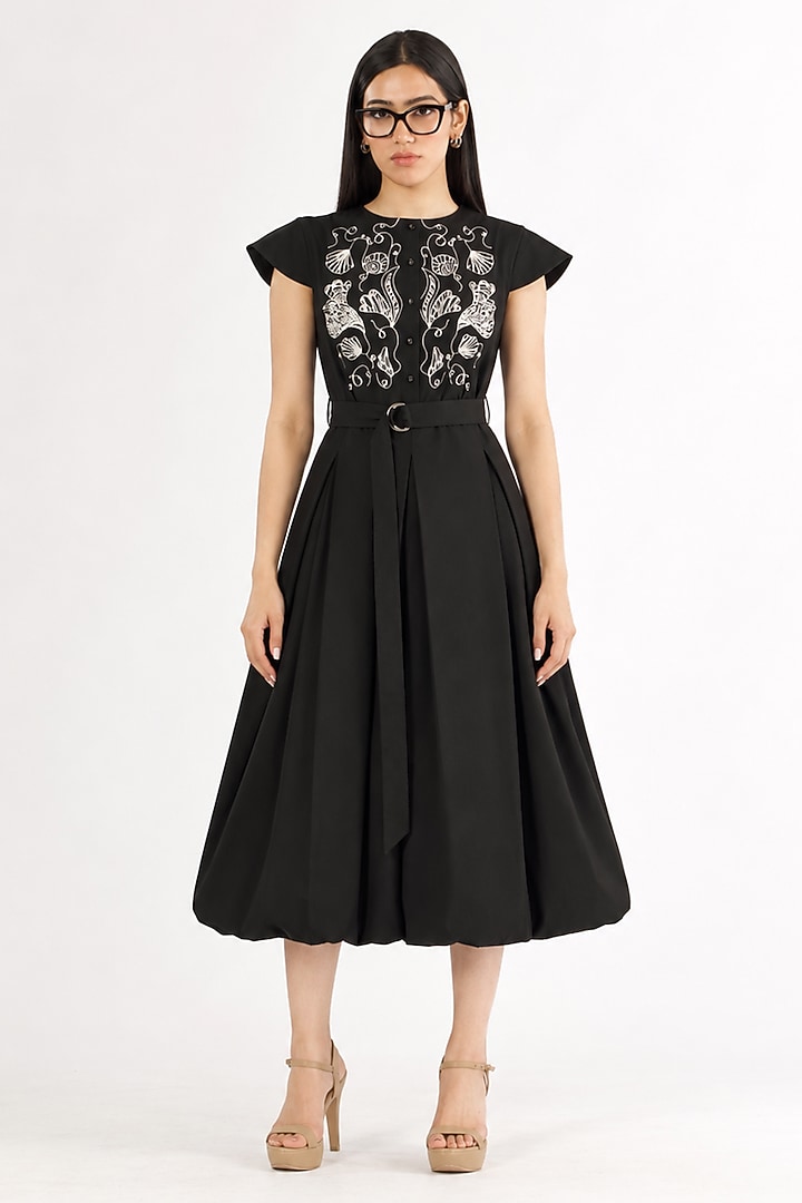 Black Cotton Hand Embroidered Midi Balloon Vacation Dress by ANGSA BY NIDHIR & SHELLY at Pernia's Pop Up Shop