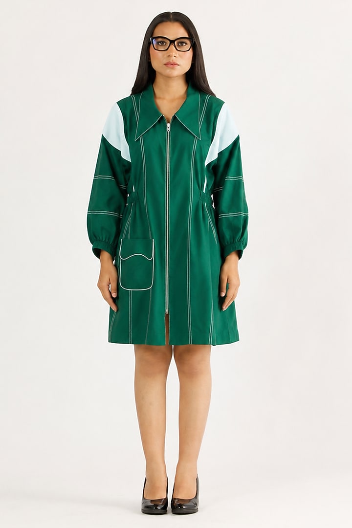 Green Cotton Color-Blocked Short Summer Dress by ANGSA BY NIDHIR & SHELLY at Pernia's Pop Up Shop