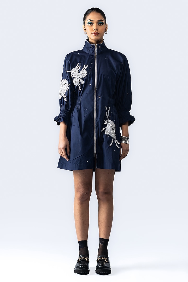 Navy Blue Cotton Floral Hand Embroidered Mini Vacation Dress by ANGSA BY NIDHIR & SHELLY at Pernia's Pop Up Shop