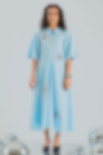 Sky Blue Cotton Hand Embroidered Asymmetrical Midi Vacation Dress by ANGSA BY NIDHIR & SHELLY at Pernia's Pop Up Shop