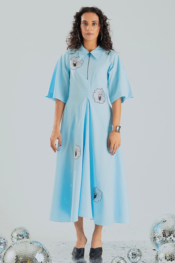 Sky Blue Cotton Hand Embroidered Asymmetrical Midi Vacation Dress by ANGSA BY NIDHIR & SHELLY at Pernia's Pop Up Shop