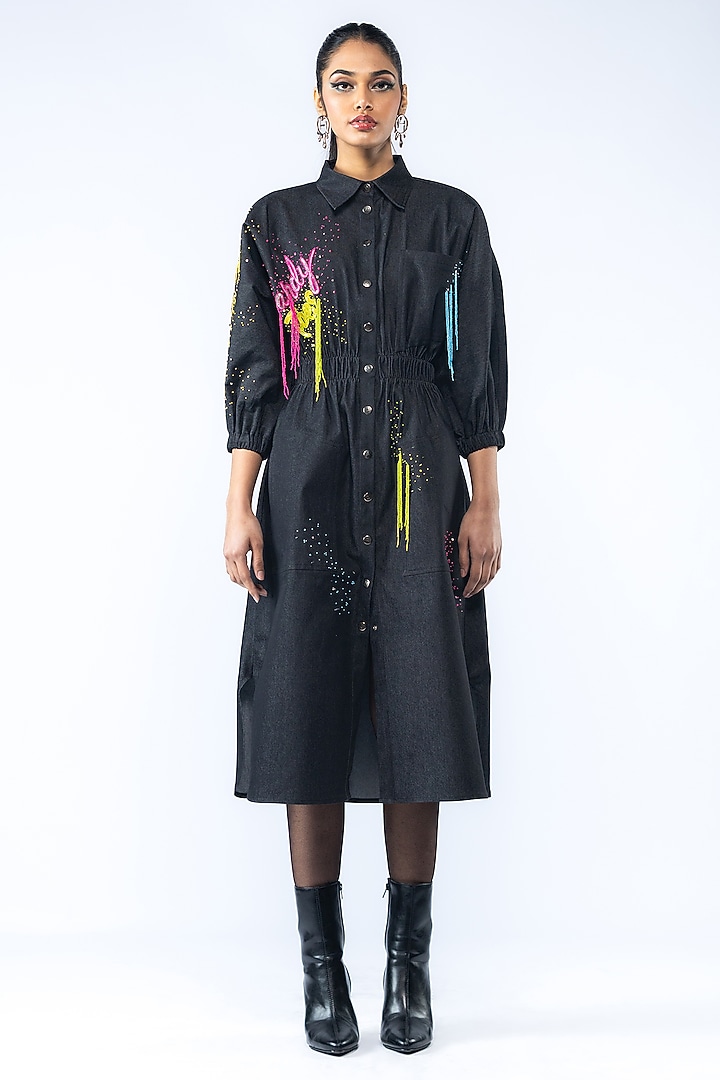 Black Denim Hand Embroidered Midi Vacation Dress by ANGSA BY NIDHIR & SHELLY at Pernia's Pop Up Shop