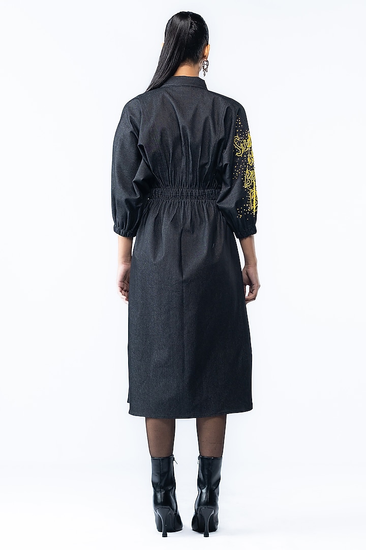 Black Denim Hand Embroidered Midi Vacation Dress by ANGSA BY NIDHIR & SHELLY at Pernia's Pop Up Shop