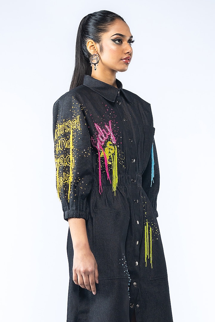 Black Denim Hand Embroidered Midi Vacation Dress by ANGSA BY NIDHIR & SHELLY at Pernia's Pop Up Shop