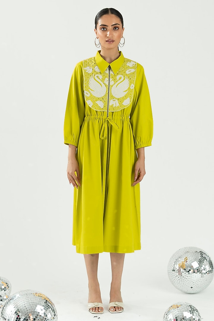 Lime Green Cotton Hand Cutwork Embroidered Midi Vacation Dress by ANGSA BY NIDHIR & SHELLY at Pernia's Pop Up Shop