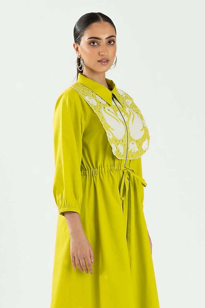 Lime Green Cotton Hand Cutwork Embroidered Midi Vacation Dress by ANGSA BY NIDHIR & SHELLY at Pernia's Pop Up Shop