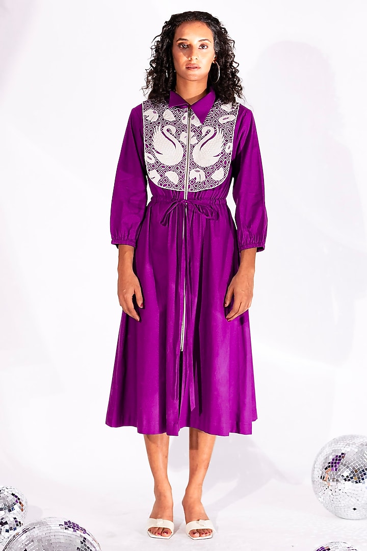 Purple Cotton Hand Cutwork Embroidered Midi Vacation Dress by ANGSA BY NIDHIR & SHELLY at Pernia's Pop Up Shop