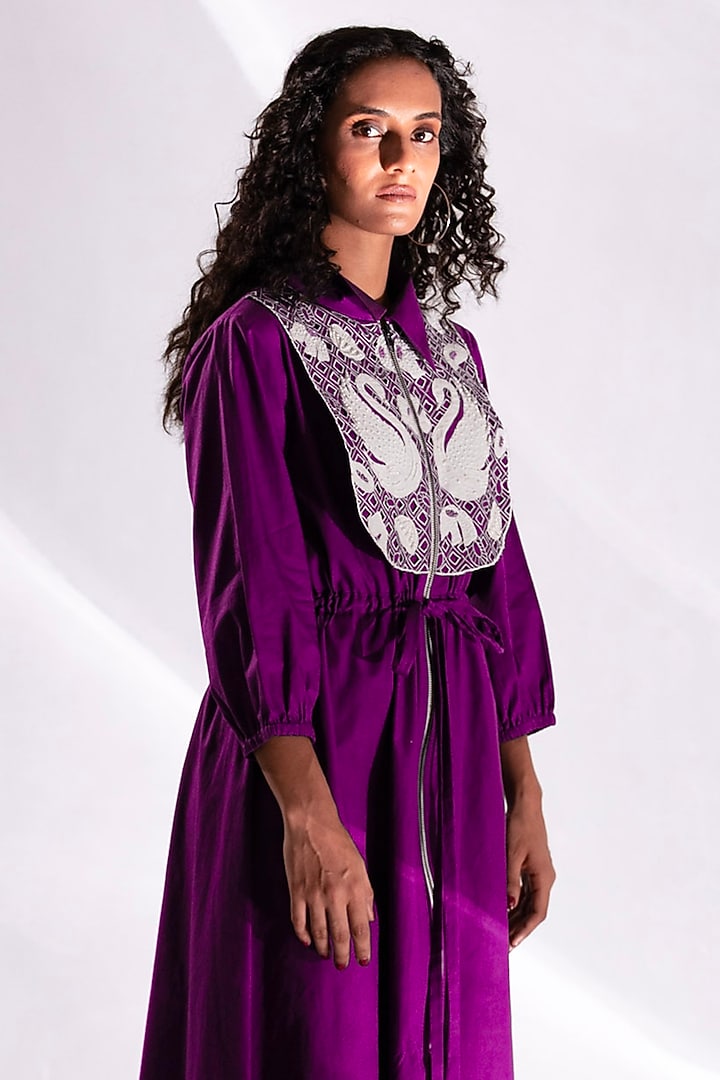 Purple Cotton Hand Cutwork Embroidered Midi Vacation Dress by ANGSA BY NIDHIR & SHELLY at Pernia's Pop Up Shop
