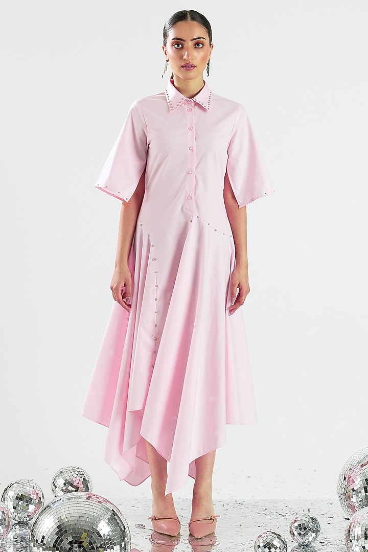Baby Pink Cotton Hand Embroidered Asymmetrical Midi Summer Dress by ANGSA BY NIDHIR & SHELLY at Pernia's Pop Up Shop