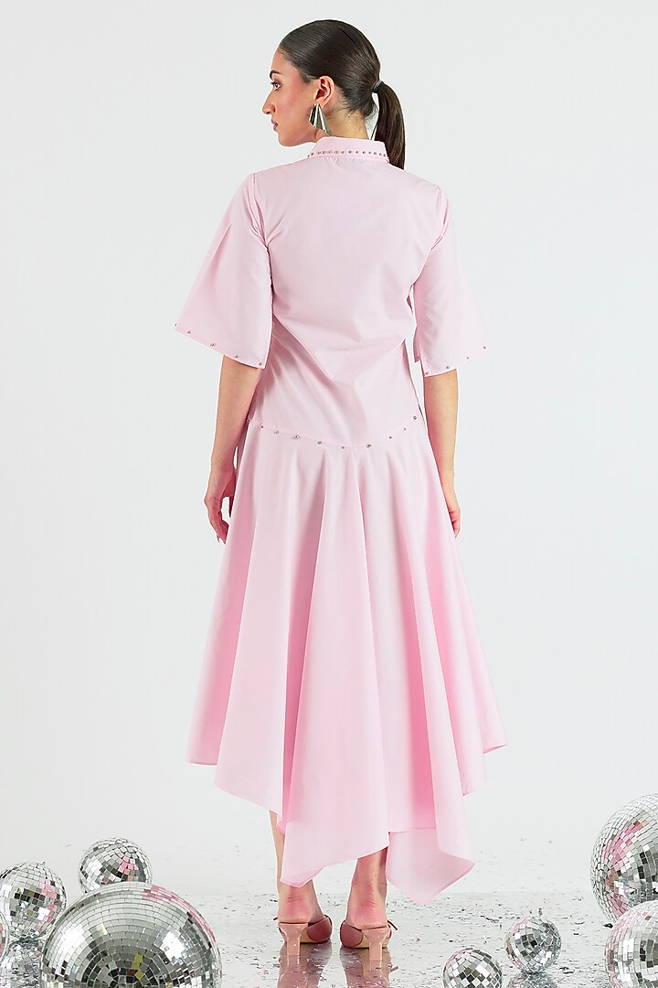 Baby Pink Cotton Hand Embroidered Asymmetrical Midi Summer Dress by ANGSA BY NIDHIR & SHELLY at Pernia's Pop Up Shop