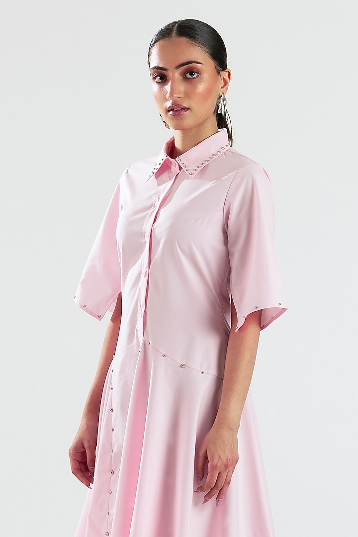 Baby Pink Cotton Hand Embroidered Asymmetrical Midi Summer Dress by ANGSA BY NIDHIR & SHELLY at Pernia's Pop Up Shop