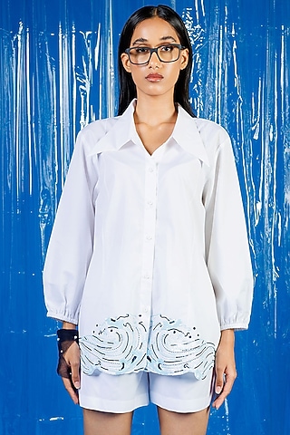 White Cotton Sequin Embellished Shirt by ANGSA BY NIDHIR & SHELLY