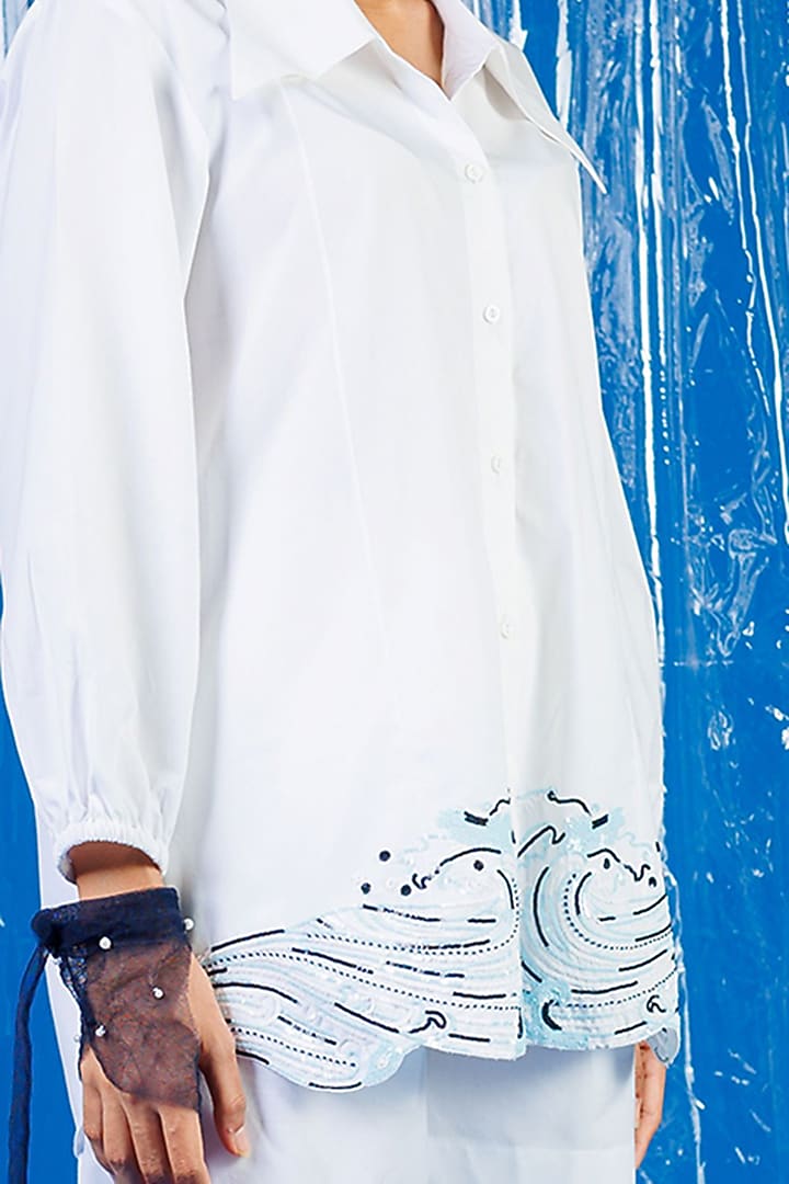 White Cotton Sequin Embellished Shirt by ANGSA BY NIDHIR & SHELLY at Pernia's Pop Up Shop