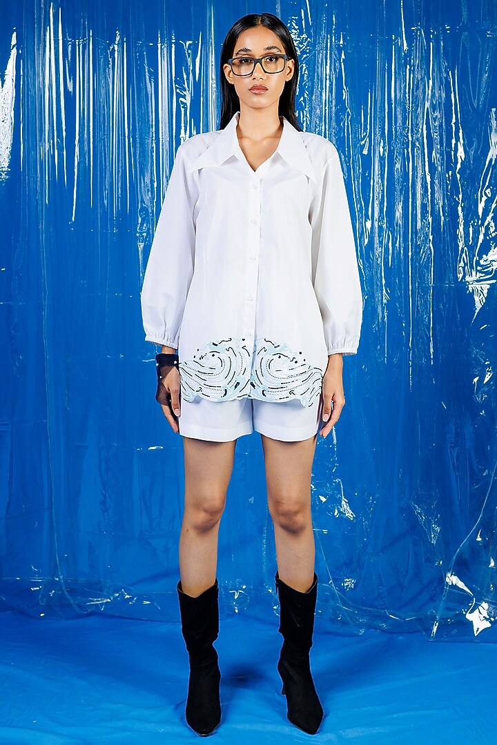 White Cotton Sequin Embellished Shirt by ANGSA BY NIDHIR & SHELLY at Pernia's Pop Up Shop