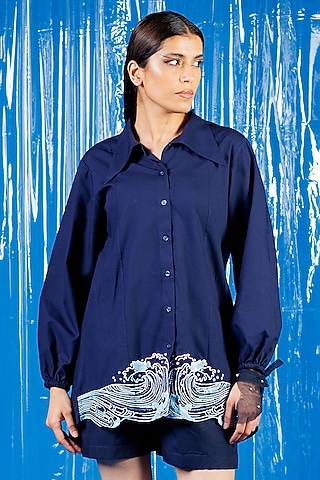 Blue Cotton Sequin Embellished Shirt by ANGSA BY NIDHIR & SHELLY