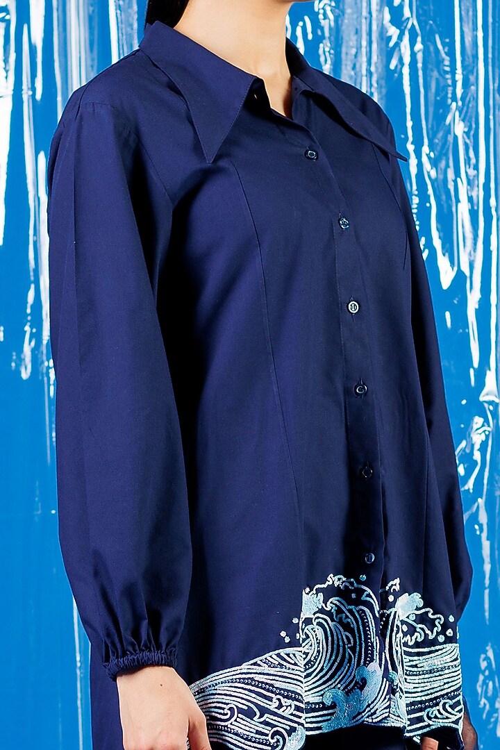 Blue Cotton Sequin Embellished Shirt by ANGSA BY NIDHIR & SHELLY at Pernia's Pop Up Shop