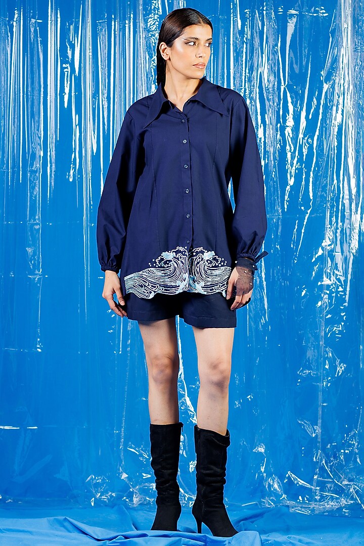 Blue Cotton Sequin Embellished Shirt by ANGSA BY NIDHIR & SHELLY at Pernia's Pop Up Shop