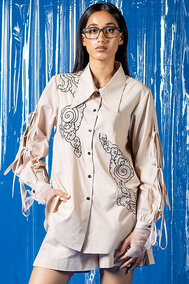 Nude Cotton Sequin Embroidered Shirt by ANGSA BY NIDHIR & SHELLY at Pernia's Pop Up Shop